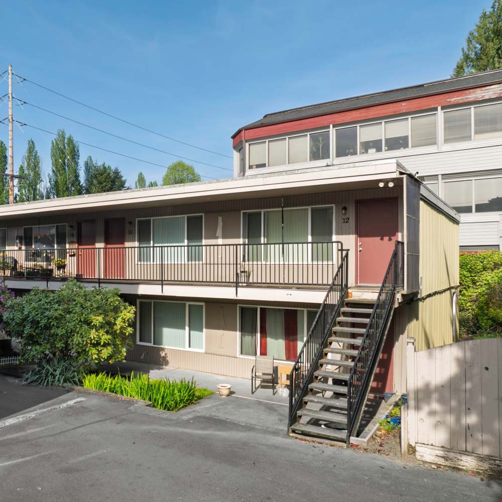 Stairs to the first floor at Brentwood Apartments in Olympia, Washington