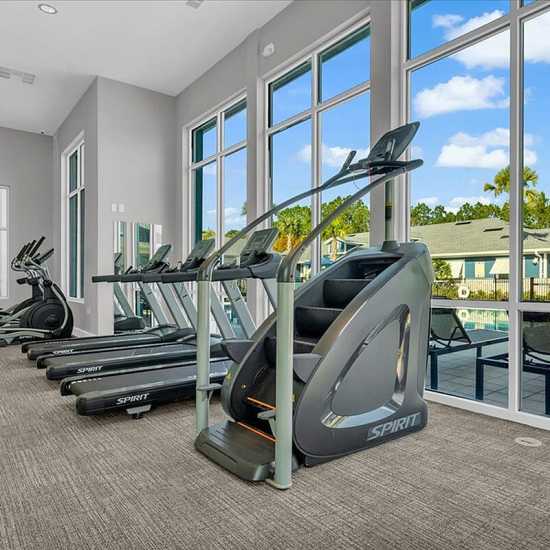 Fitness equipment with large windows at Viva At Palm Coast in Palm Coast, Florida 