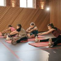 Residents doing yoga at Dorian and Encore in Plano, Texas