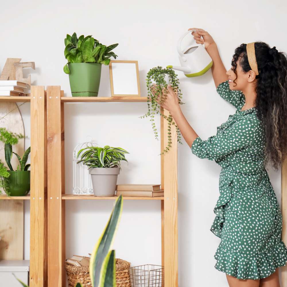 A woman waters plants on a shelf at Granite Creek in Rocklin, California.