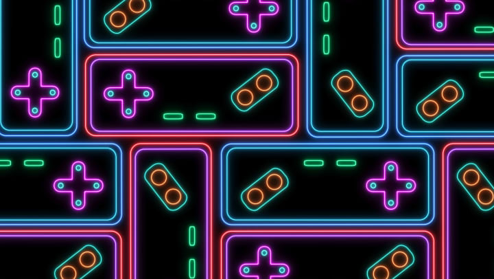 Retro sci-fi background with neon symbols from a game