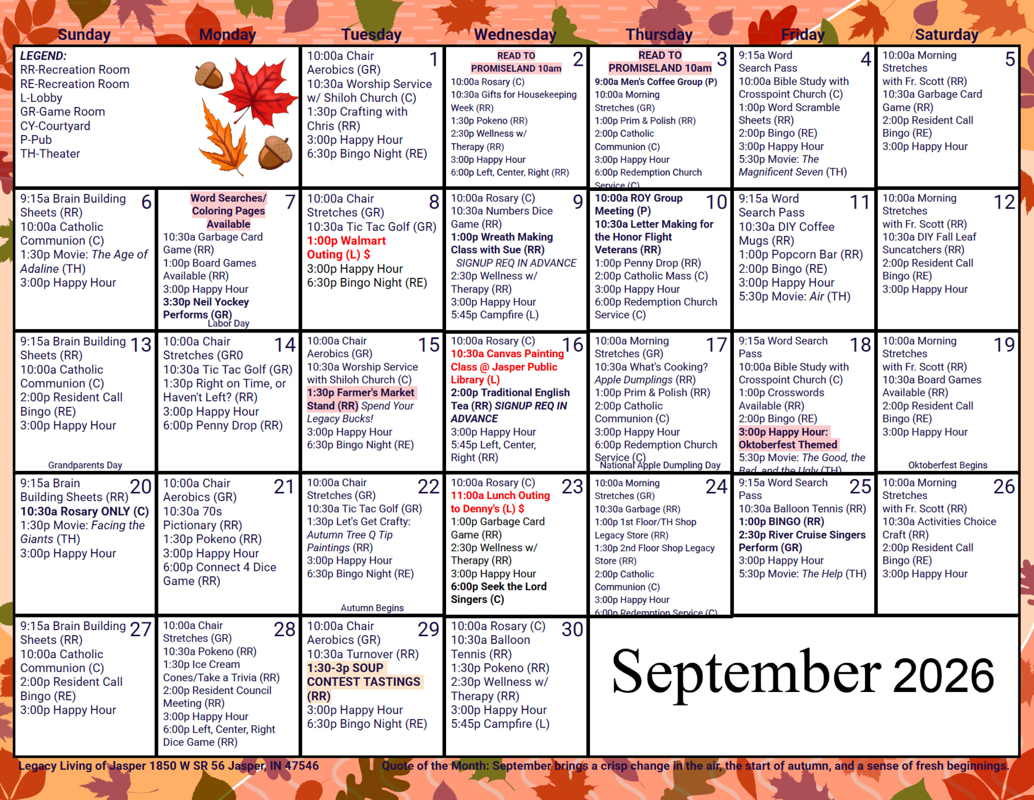 September Calendar at Legacy Living Jasper in Jasper, Indiana