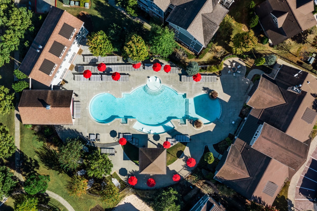 Aerial shot of the property swimming pool at West 22 in Kennesaw, Georgia