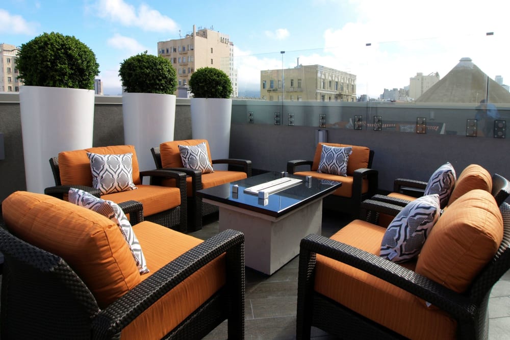 Rooftop lounge with a propane fueled fireplace at Tower 737 Condominium Rentals in San Francisco, California