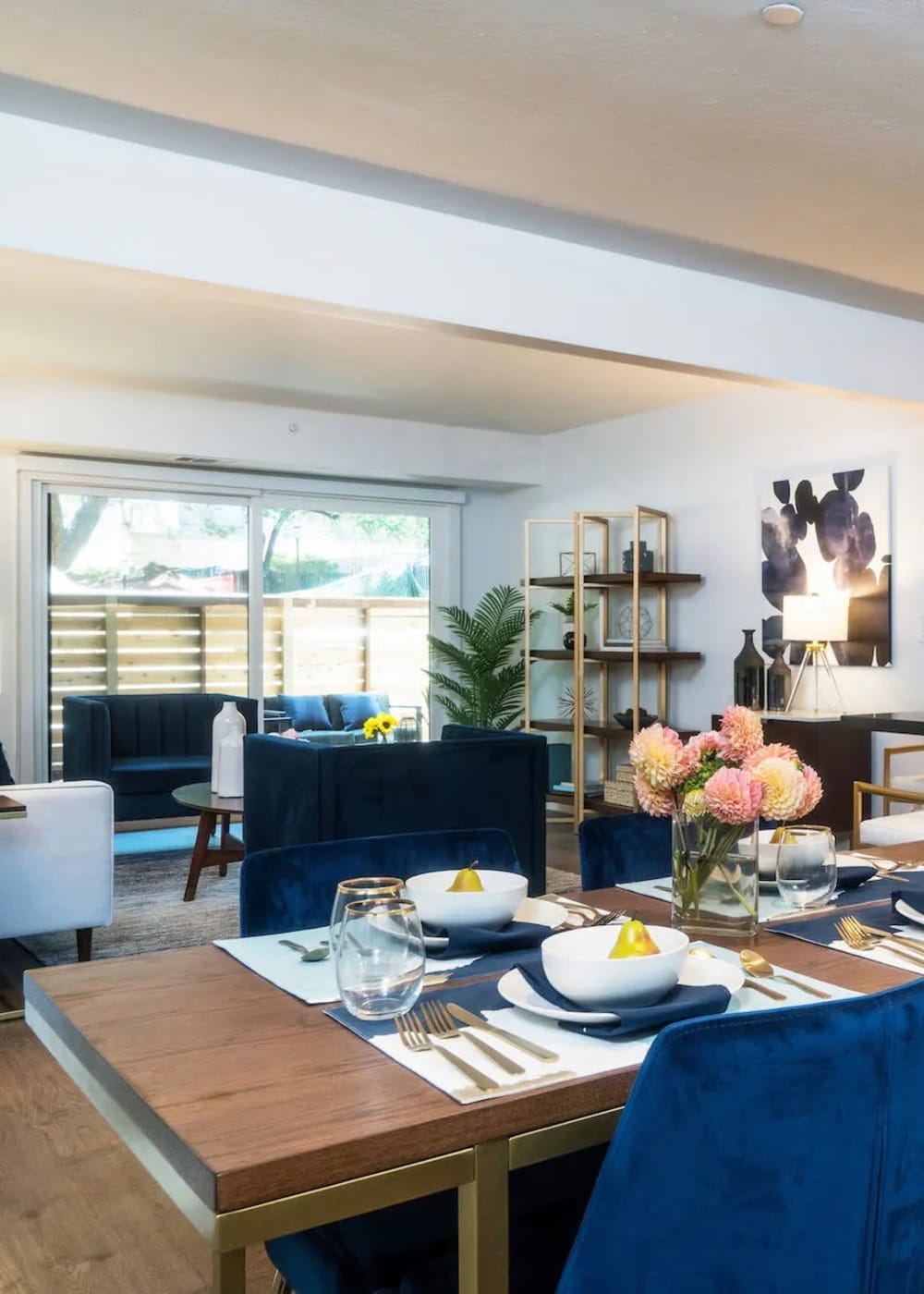 An open concept dining room and living room at Sharon Green in Menlo Park, California