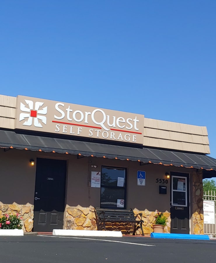 The exterior of the main entrance at StorQuest Self Storage in Sarasota, Florida