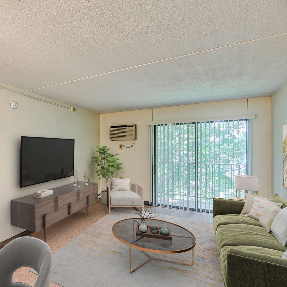 Model living room with soft carpet at The Grove in Ontario, California