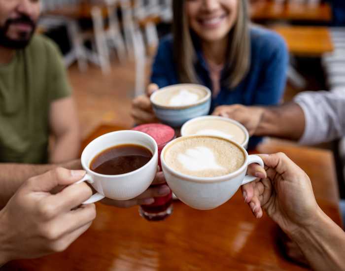 A group of residents enjoying coffee and drinks at Stonecrest in Siler City, North Carolina