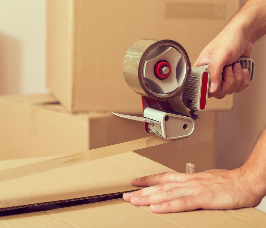 Moving box with tape at Stor It Self Storage in Bakersfield, California.