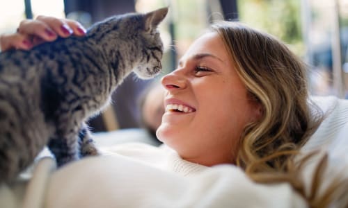 Resident and her happy cat in their pet-friendly home at Ramblewood Apartment Homes in Fremont, California