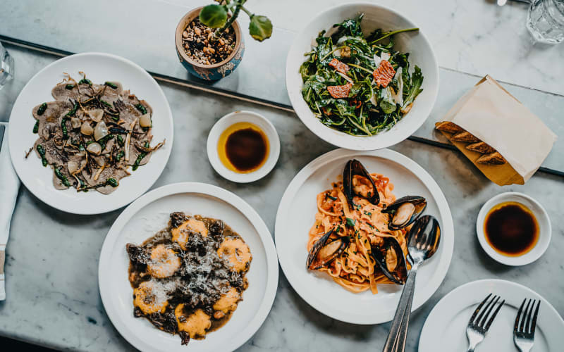 Fancy dinner spread on a table at The Blake at Carnes Crossroads in Summerville, South Carolina