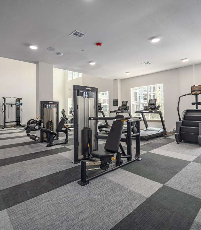 Spacious fitness center with gray patterned flooring at Charleston at Fannin Station in Houston, Texas