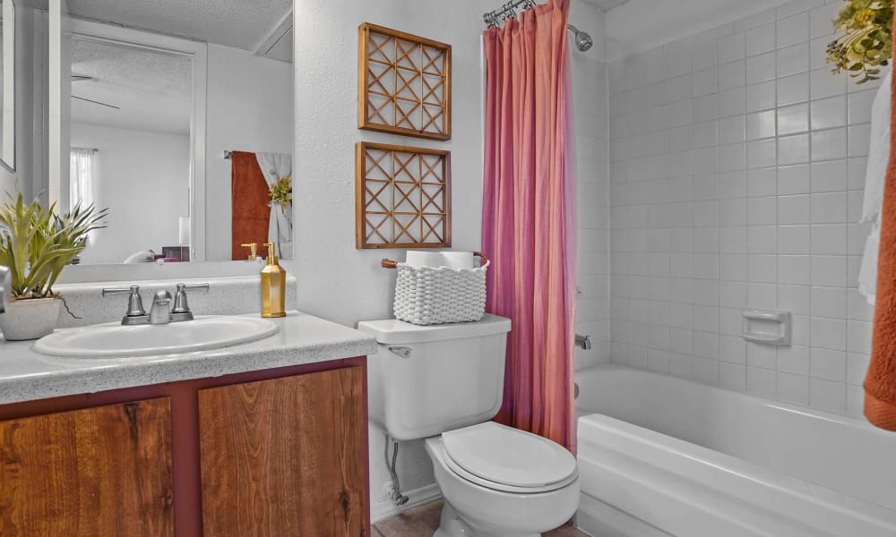 Spacious and clean model bathroom at Double Tree Apartments in El Paso, Texas