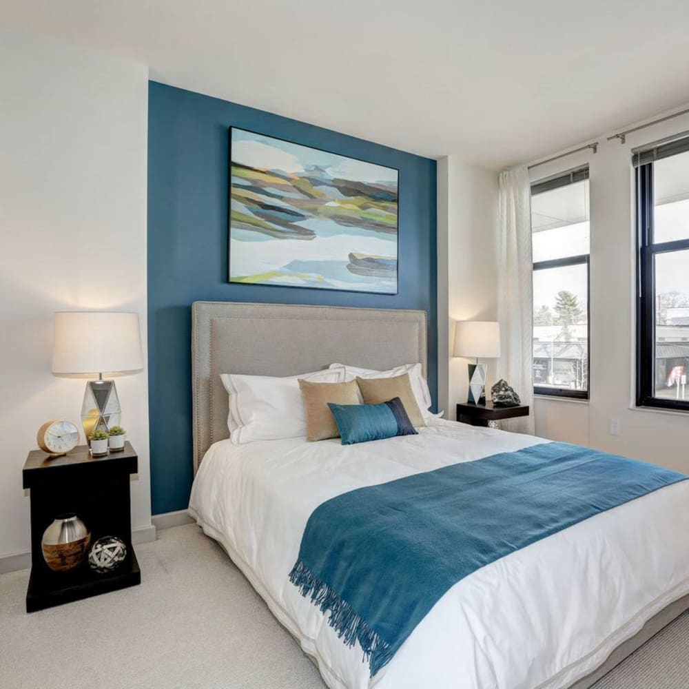 Beautifully decorated bedroom in a model home at Solaire 7077 Woodmont in Bethesda, Maryland