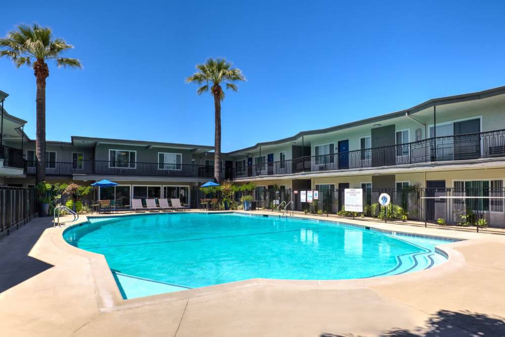 Sparkling swimming pool at Citrus Gardens in West Covina, California