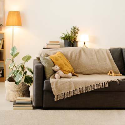 Cozy living room with a sofa, decorative pillows, plants, and warm lighting at Dohr Apartments in Rochester, New York