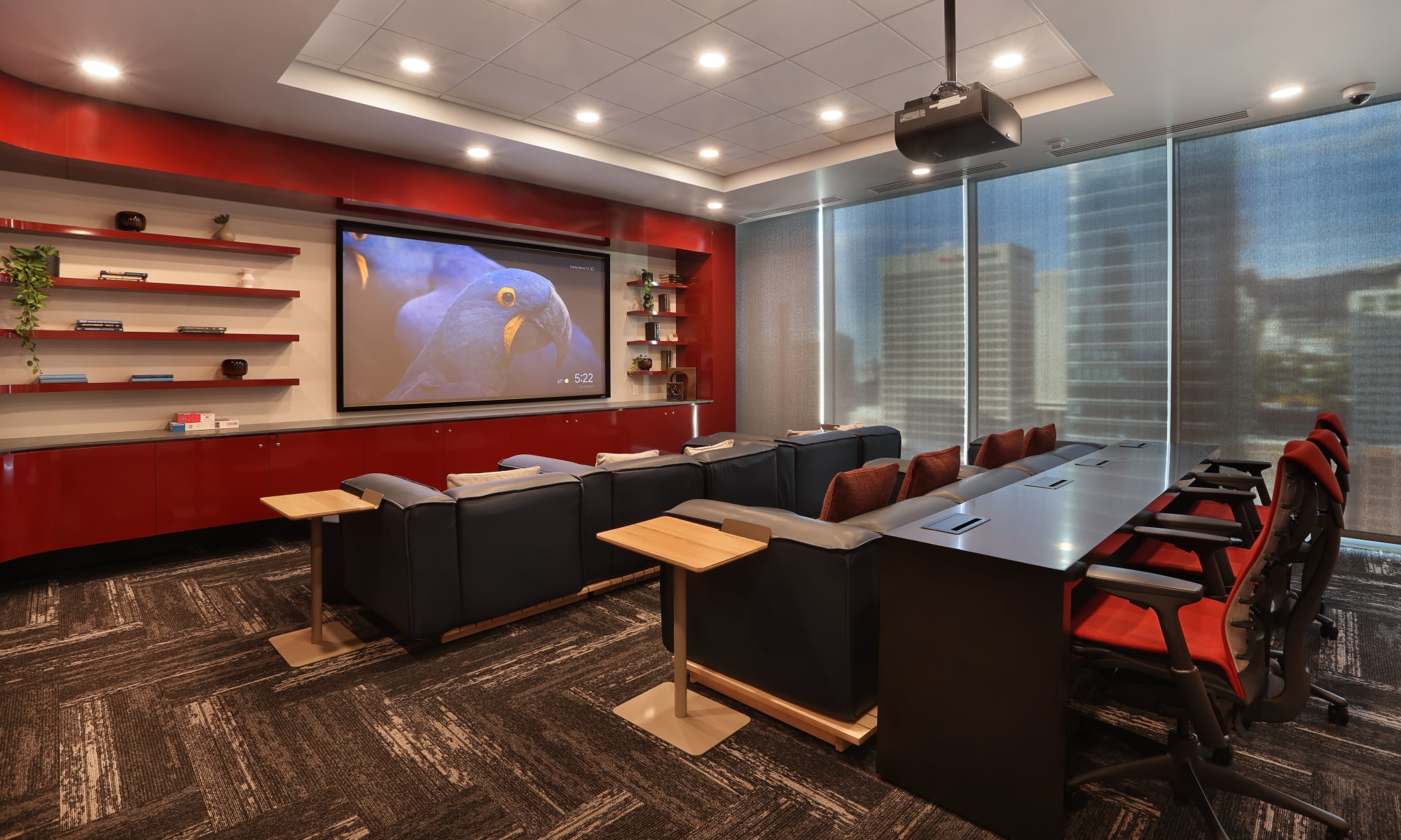 21st floor theater with comfortable seating, pillows and a workspace at Luxury high-rise community of Liberty SKY in Salt Lake City, Utah