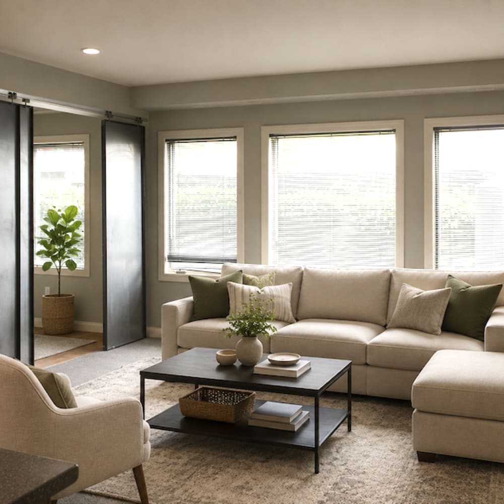 Modern furnishings in a model unit living room at Stockbridge Apartments in Des Moines, Iowa