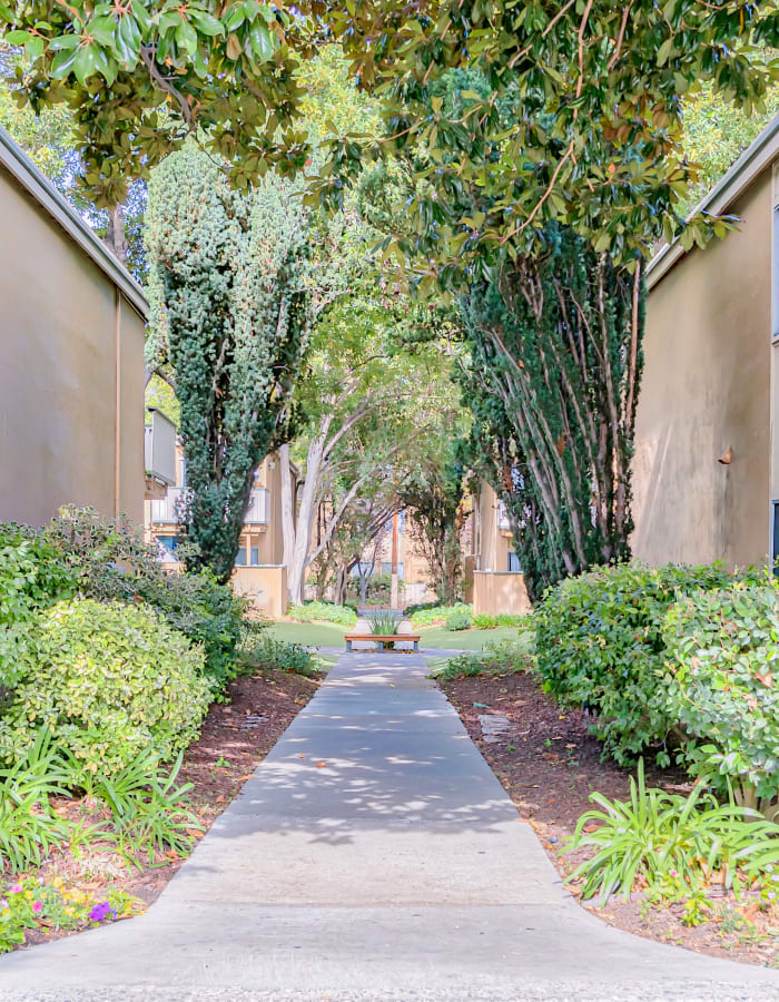 Exterior walkway at Greenpointe Apartment Homes in Santa Clara, California