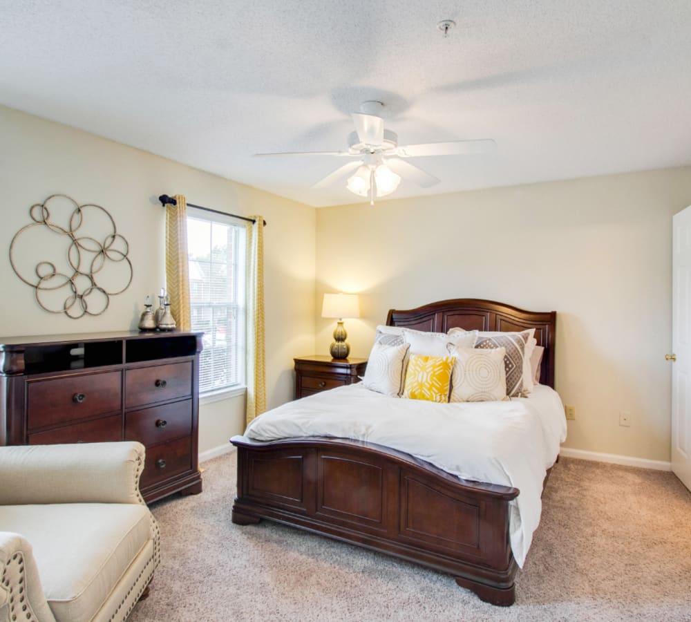 A furnished model bedroom at The Gables in Ridgeland, Mississippi