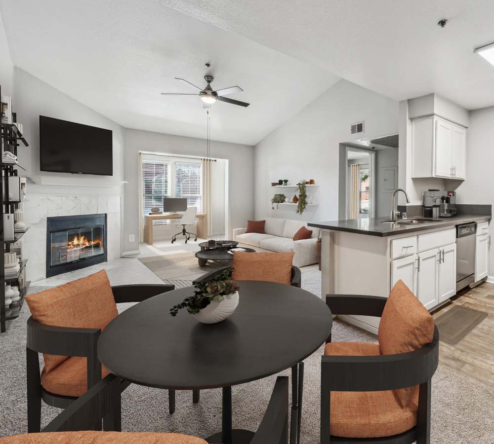 Dining room, kitchen, and living room