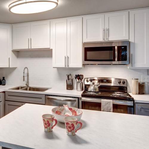 Kitchen with white and grey color cabinet at Delridge Crossing in Seattle, Washington