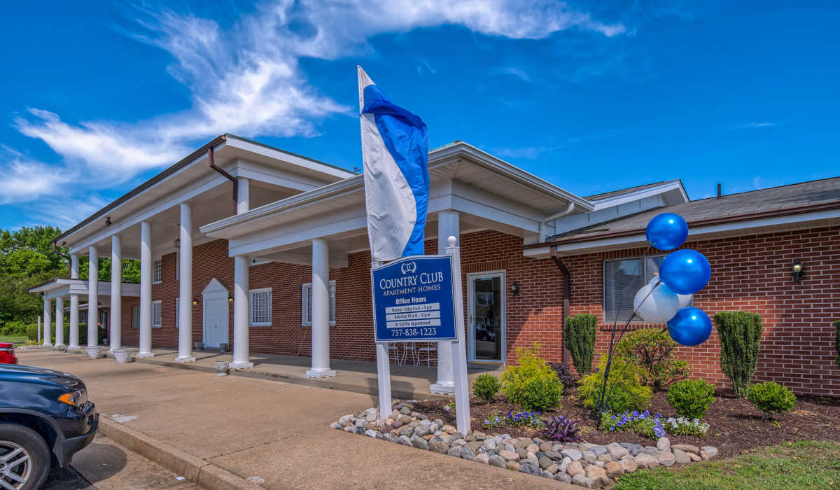 Entrance to leasing office at Country Club Apartments in Hampton, Virginia