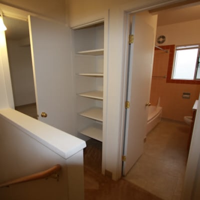 A storage closet next to the bathroom at Hillside in Joint Base Lewis McChord, Washington