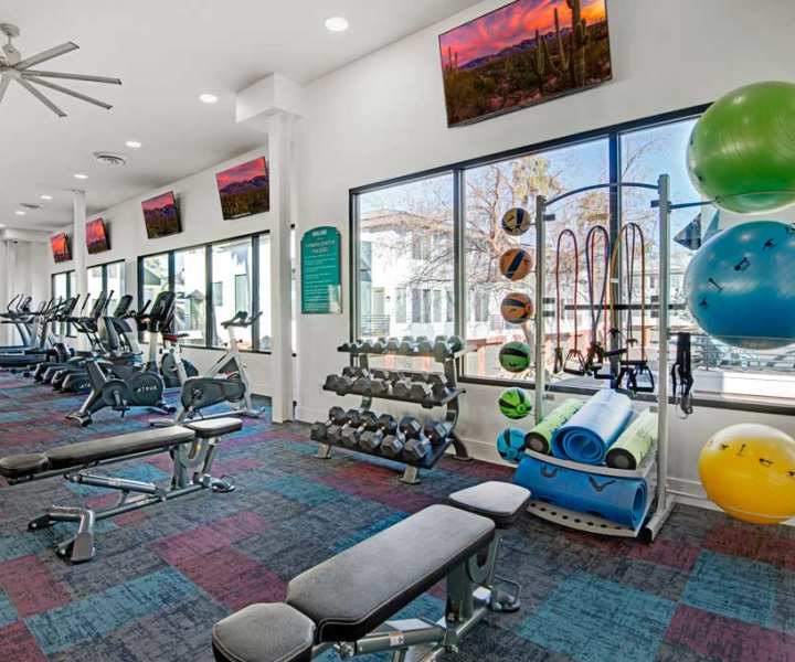 Spacious fitness center with cardio machines and weight equipment at Dryden in Phoenix, Arizona