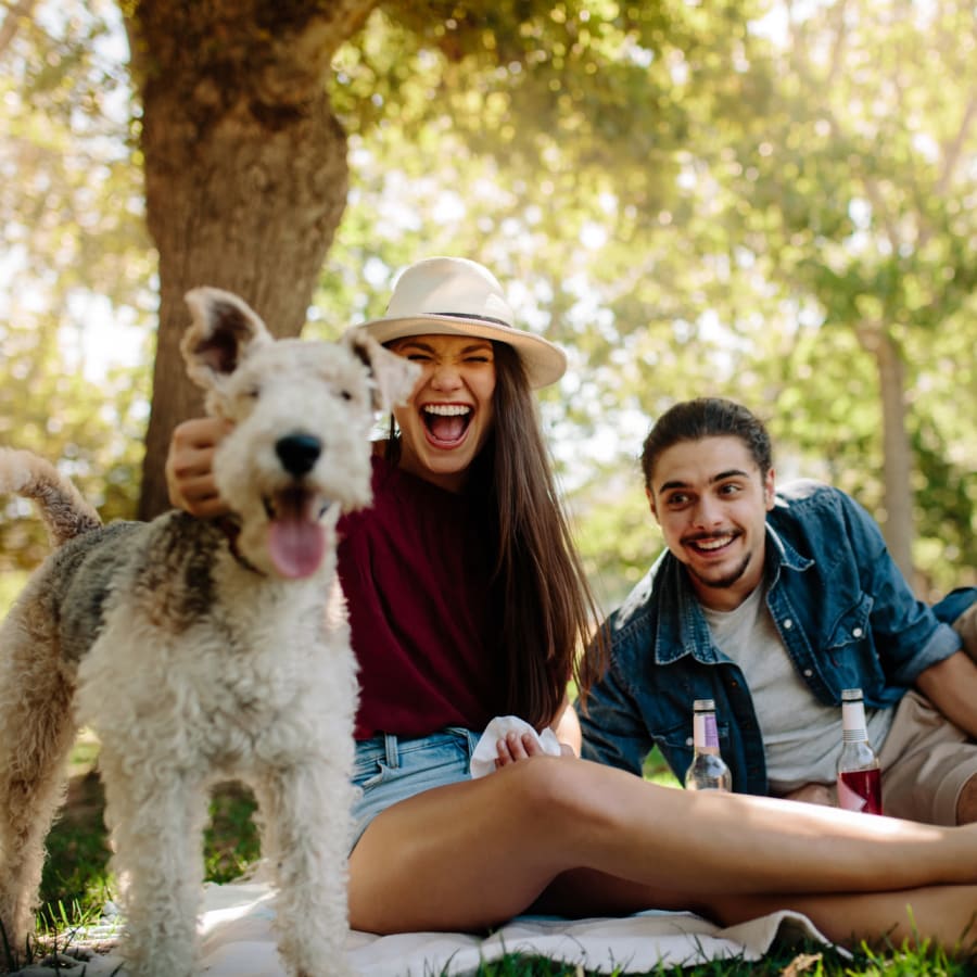 Couple having a picnic in the park with their dog at Fox Run in Camden, South Carolina