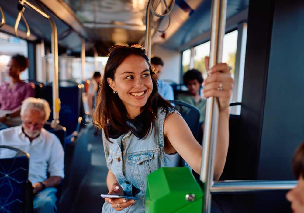Resident riding public transportation near North Road Townhomes in Scottsville, New York