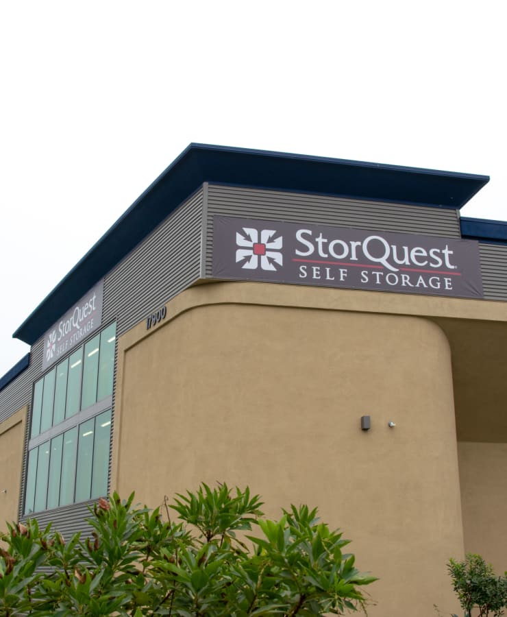 The exterior of the main entrance at StorQuest Self Storage in Cerritos, California