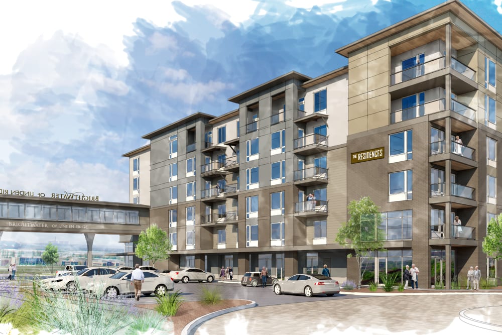 A rendering of the front entrance with cars parked in the front at The Arbours at Linden Pointe in Winnipeg, Manitoba