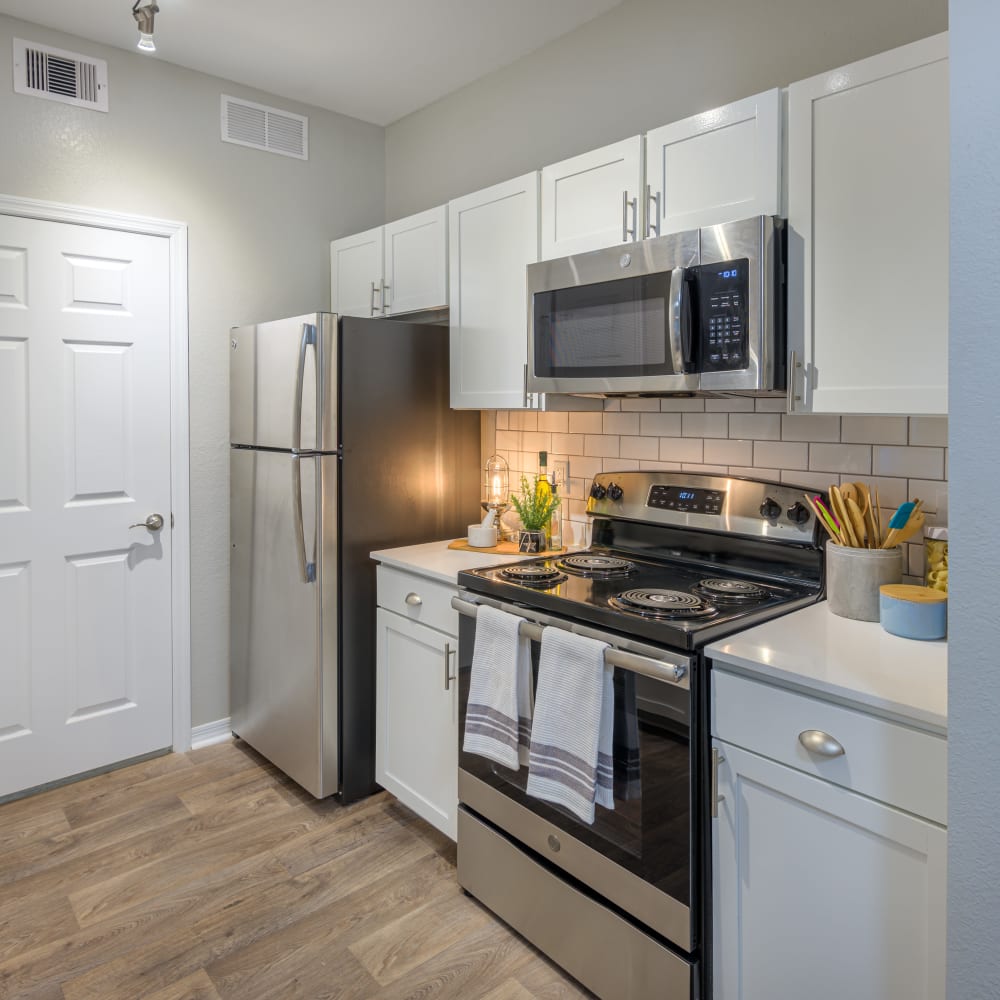 Stainless steel appliances and light green painted cabinets in an apartment kitchen at Evergreens at Mahan in Tallahassee, Florida