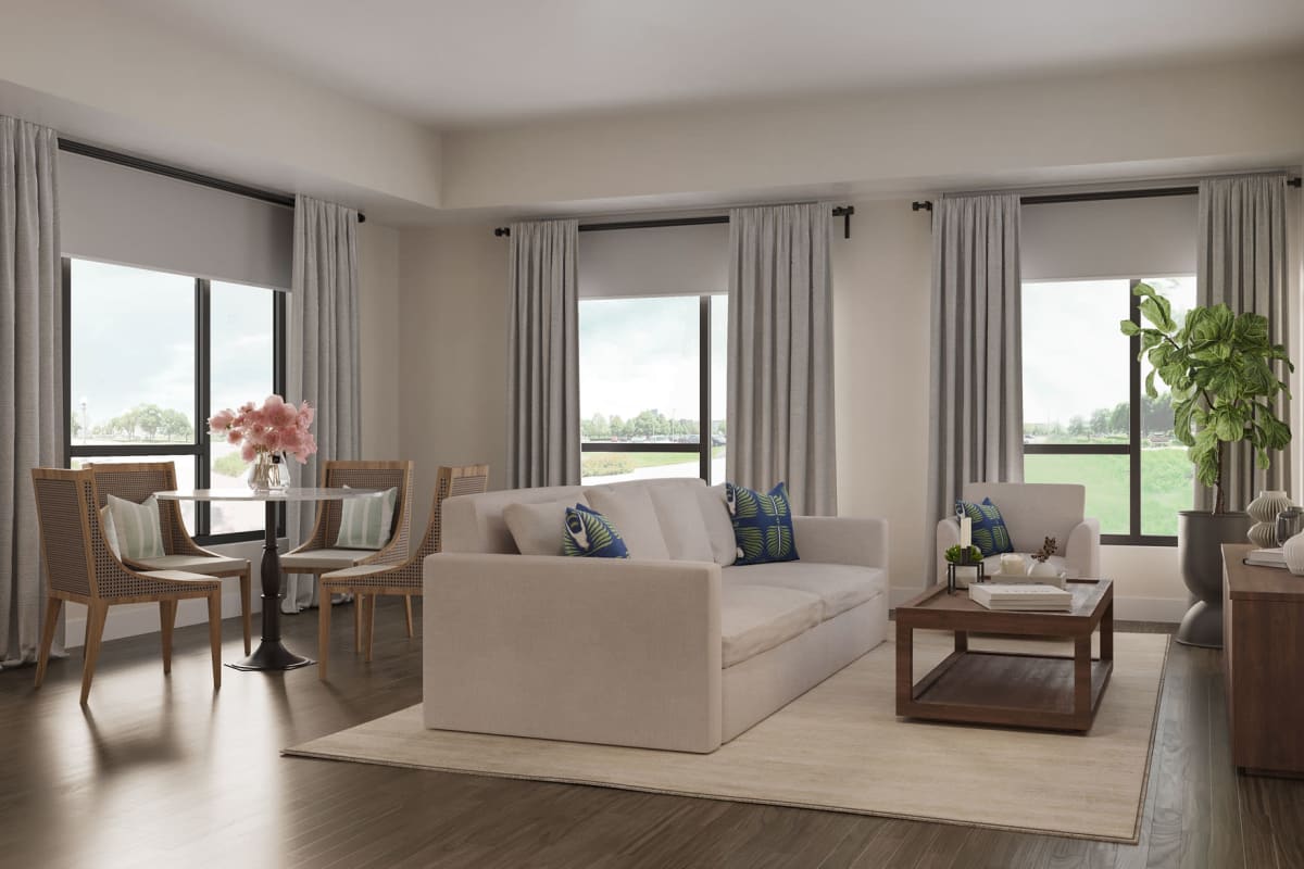 A spacious and well-furnished model senior apartment at Amira Bloomington in Bloomington, Minnesota