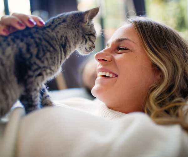 Resident playing with her cat in pet-friendly apartment at The Abbey at Stone Oak in San Antonio, Texas