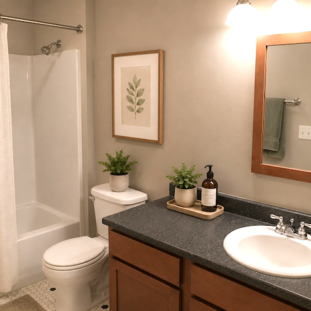 bathroom vanity with sink and mirror at Stockbridge Apartments in Des Moines, Iowa