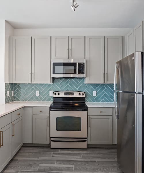 Modern kitchen with stainless-steel appliances and wood-style flooring at Archer Medical District in Dallas, Texas