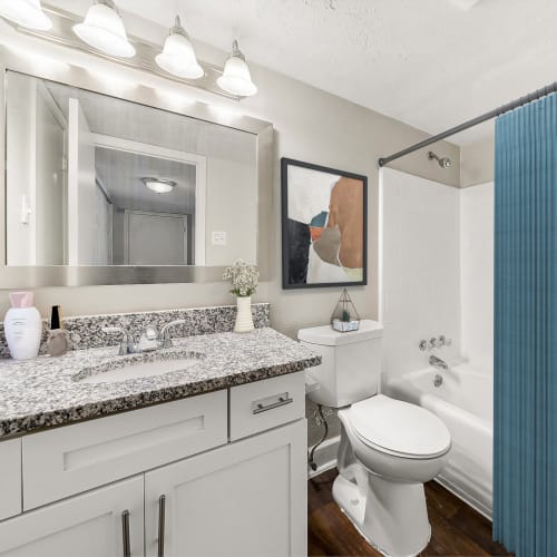 Full bathroom with bathtub and shower combo at The Crossing at Henderson Mill Apartment Homes in Atlanta, Georgia