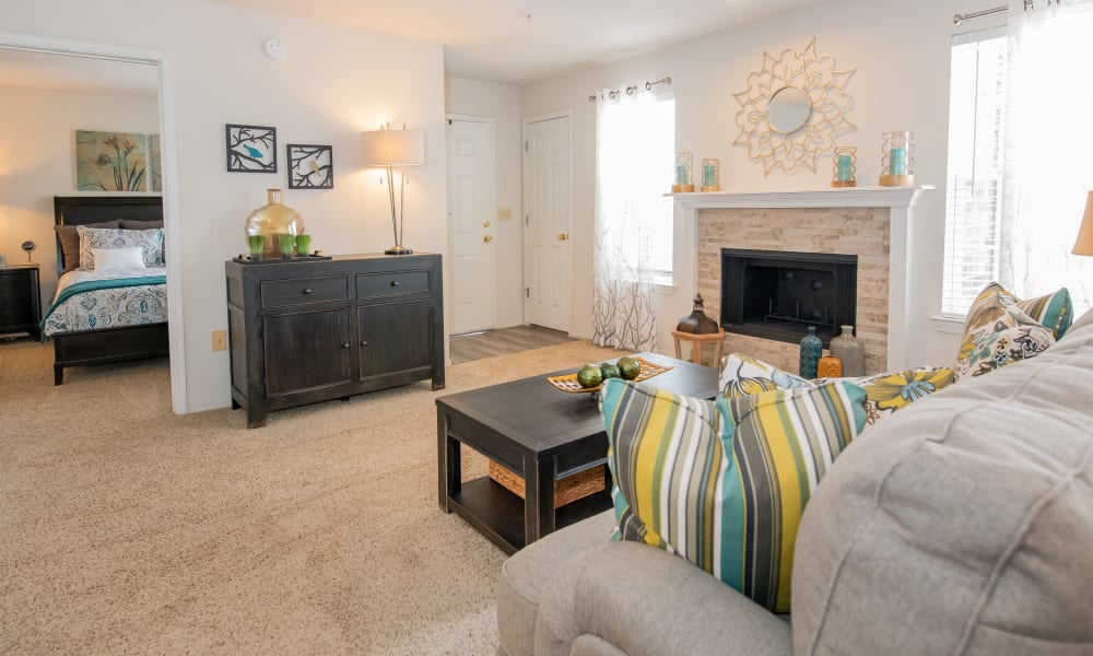 A bright living room at Crown Pointe Apartments in Oklahoma City, Oklahoma