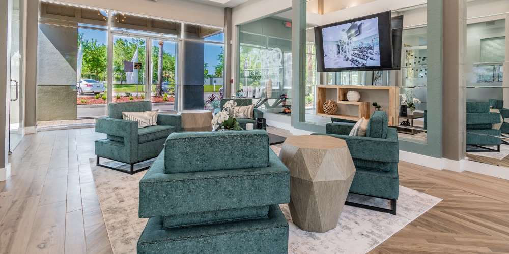 Trendy resident clubhouse with lounge at The Parq at Cross Creek in Tampa, Florida