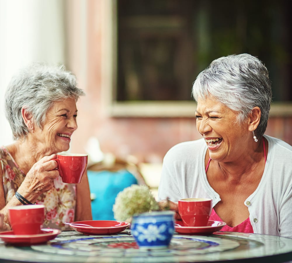 Resident sharing tea at MacArthur Hills in Irving, Texas