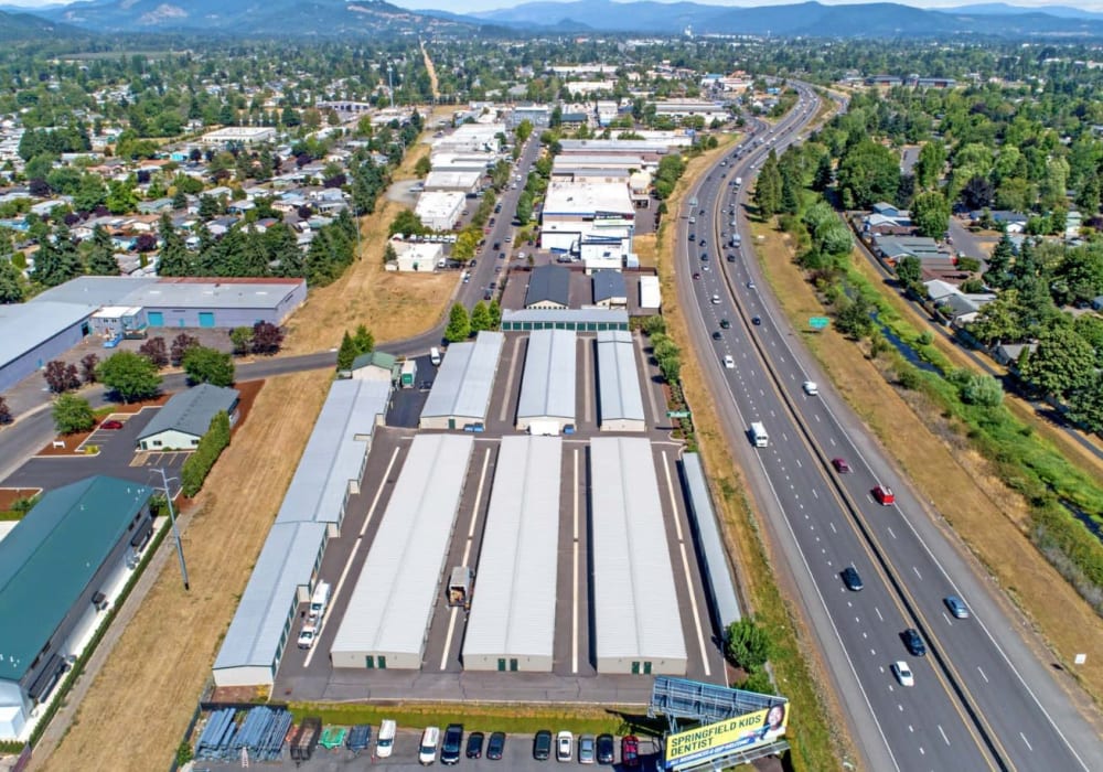 Aerial view of outdoor self storage units for rent at BuxBear Storage Springfield Shelley Street in Springfield, OR