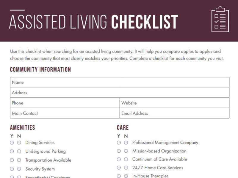 Assisted Living checklist at The Pillars of Lakeville in Lakeville, Minnesota