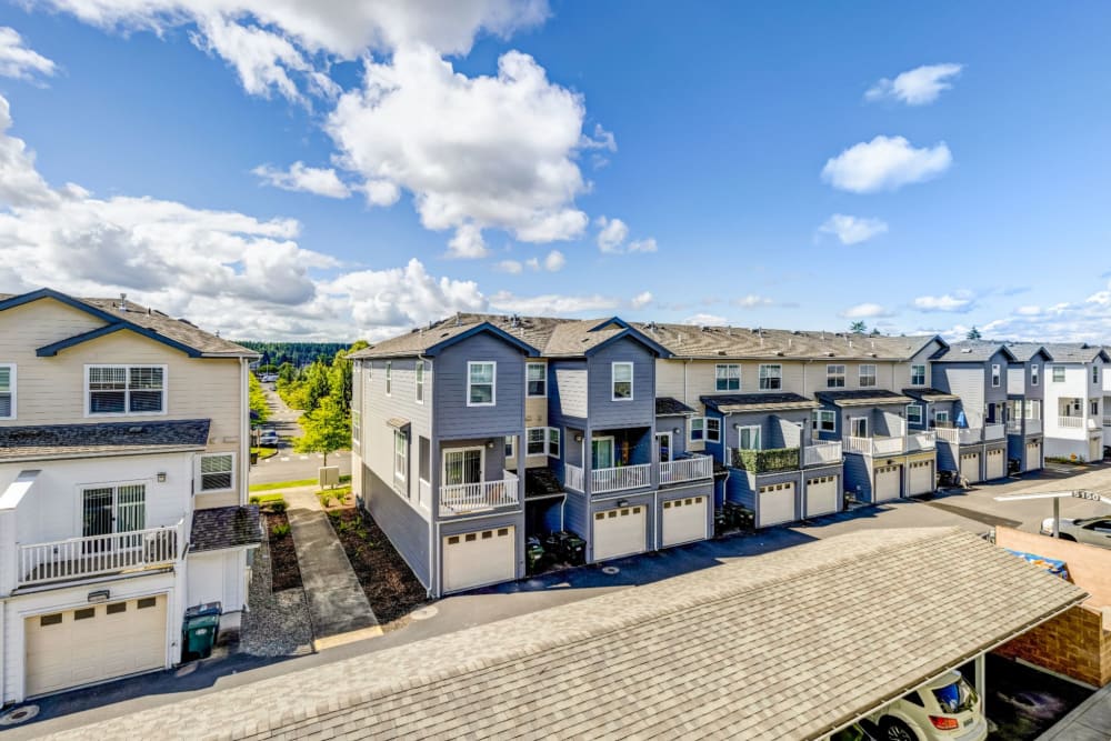 Aerial view of townhomes at Town Center in Joint Base Lewis McChord, Washington