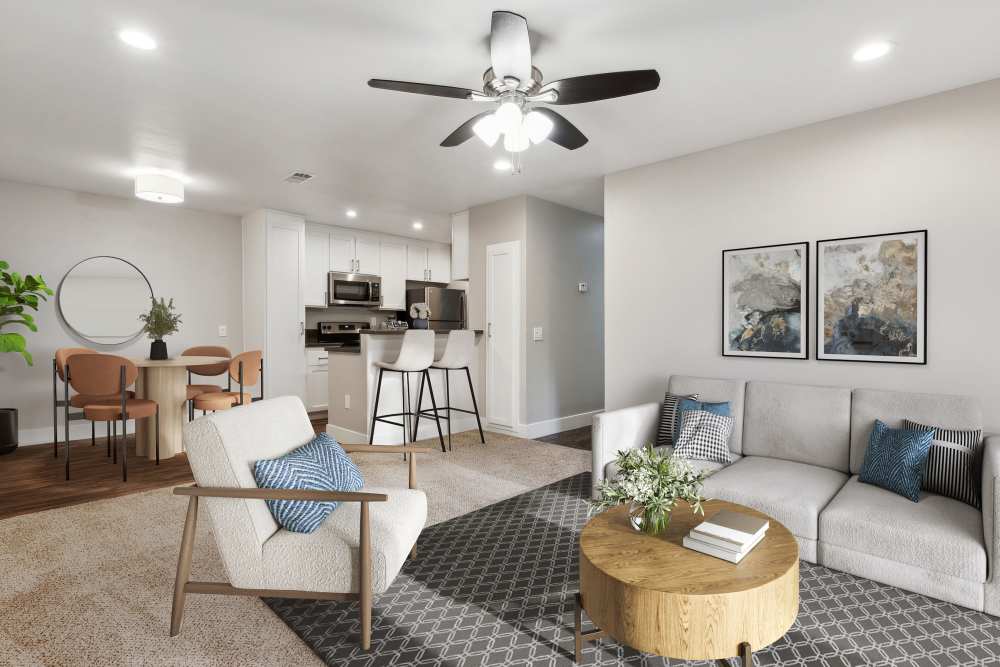 Living room, dining area, and kitchen at Muirwood Apartment Homes in Martinez, California