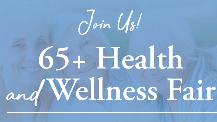 light blue image with text "65 Plus Health and Wellness Fair"