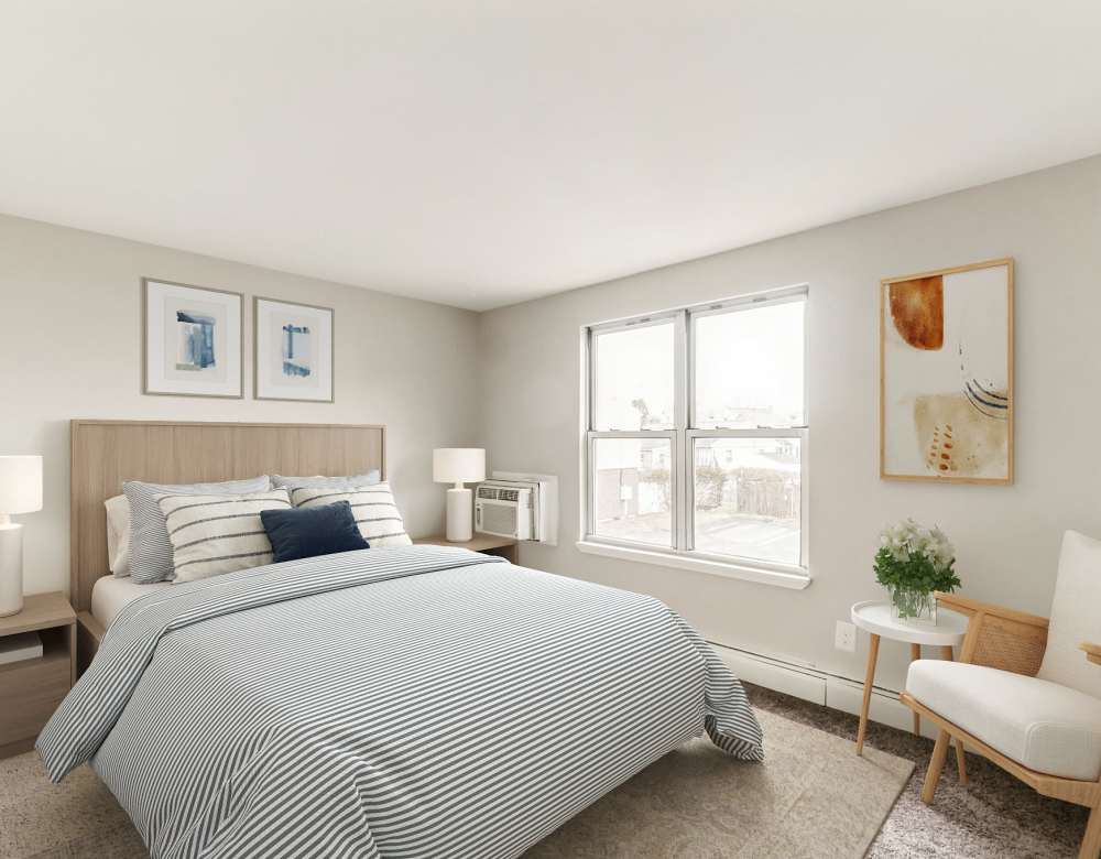 Modern bedroom at Eagle Rock Apartments & Townhomes at Brighton in Brighton, Massachusetts