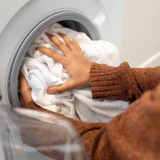 Community laundry area at Fairfax Towers in West Hollywood, California