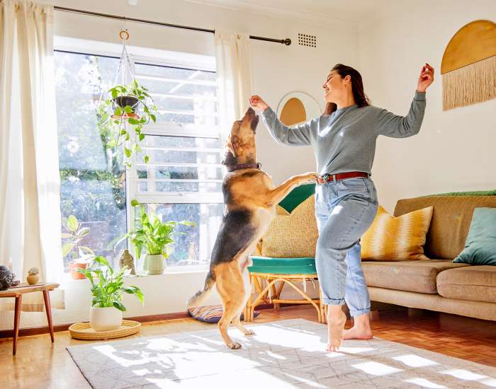 Woman happy with dog doing a trick in the living room on a sunny day. Dog is a german shepherd at Cloisters at Carolina Forest in Myrtle Beach, South Carolina